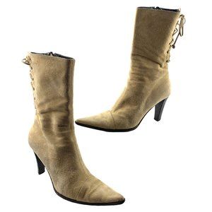 DAVID AARON Cream Suede Rear Corset Zip Cap‎ Toe Mid Calf Boots